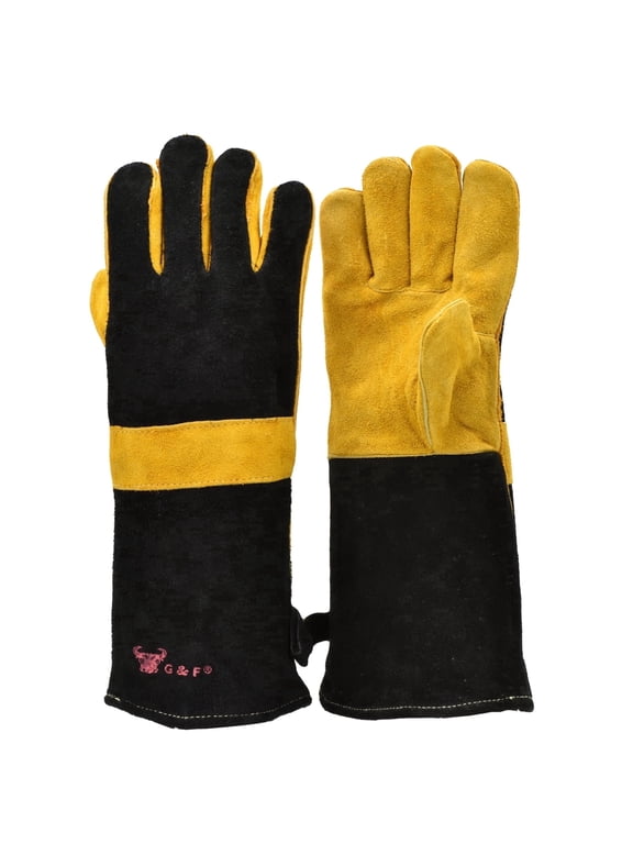 Heat Resistant BBQ Gloves Grill Gloves Welding Gloves Grain Leather Suede Palm Cotton Lined 14.5-Inch Extra Long Cuff Fireplace Fire Pit Oven 1 Pair