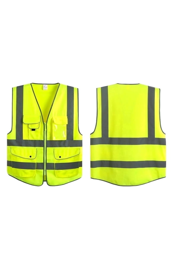 ANSI Class 2 High-Visibility Safety Vest, Neon Yellow, Medium, Reflective Strips with Multiple Pockets and Front Zipper, for Construction, Traffic, Warehouse & Work