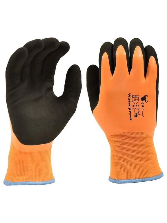 Waterproof Winter Work Gloves, Double Latex Coated, Thermal Insulated 15-Gauge Nylon Shell, Cold Weather Freezer & Outdoor Grip Gloves for Men, Orange, Medium, 1 Pair