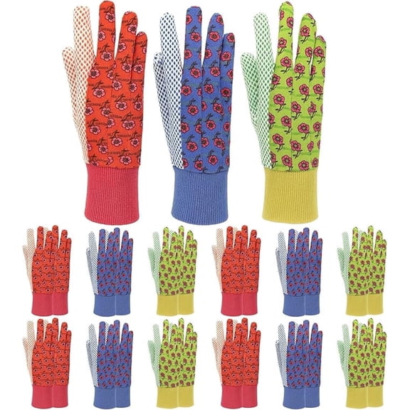 G & F Products Women Gardening Gloves, Soft Cotton Jersey, PVC Dot Grip, Floral Print 12 Pair