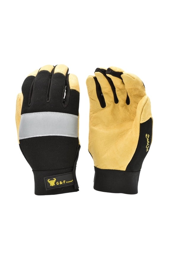 G & F Dark Owl High Visibility Reflective Mechanics Work Gloves, Leather Palm, Breathable Spandex Back, Men, X-Large