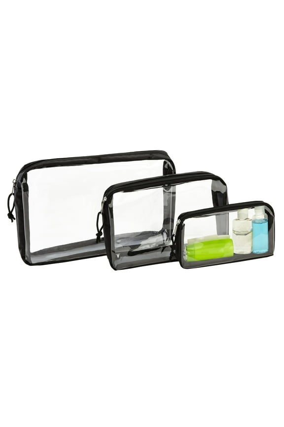 3-Piece Black-Clear PVC Travel Organizer Bags