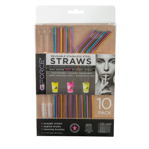G-Force Eco-Friendly Reusable Stainless Steel Rainbow 10 Pack Straws, Including 2 Cleaning Brushes