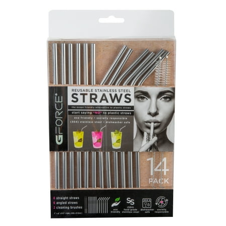 G-Force Eco-Friendly Reusable Stainless Steel Silver 14 Pack Straws, Including 2 Cleaning Brushes