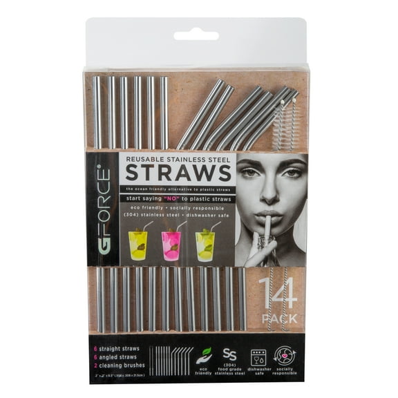 G-Force Eco-Friendly Reusable Stainless Steel Silver 14 Pack Straws, Including 2 Cleaning Brushes