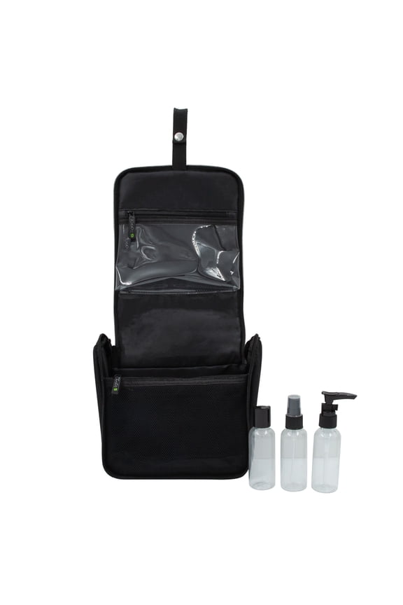RPET Hanging Toiletry Bag Set with 3 Piece Clear Refillable Travel Bottles, Black
