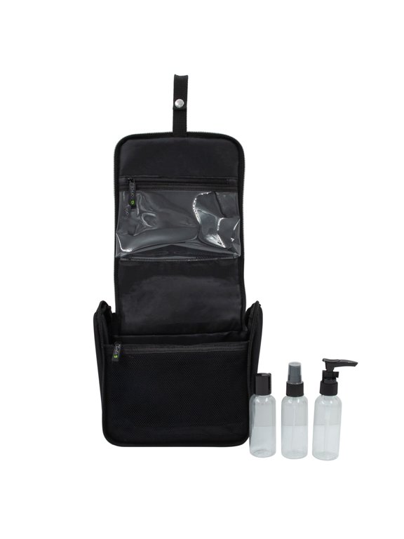 RPET Hanging Toiletry Bag Set with 3 Piece Clear Refillable Travel Bottles, Black