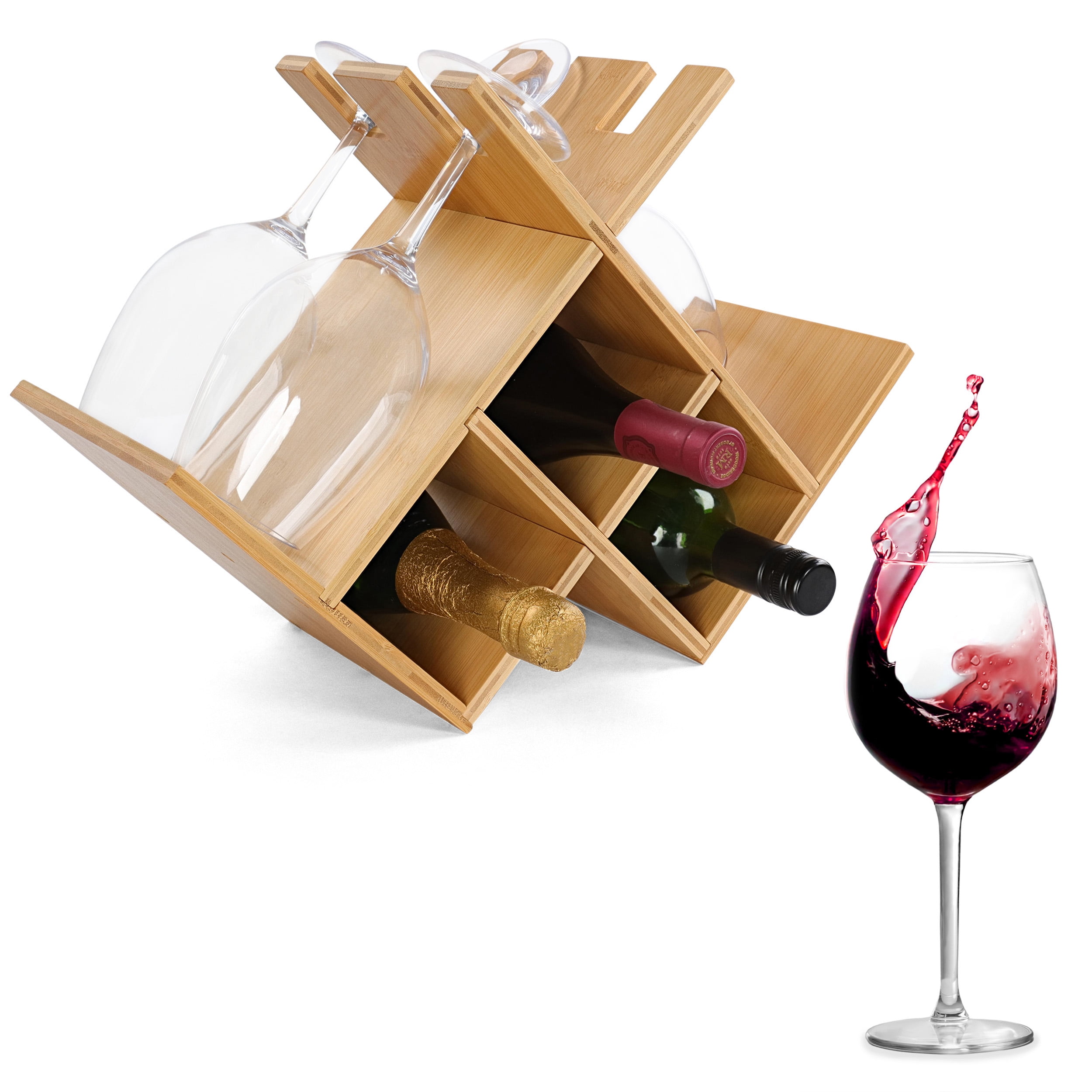 Bamboo Countertop Wine Rack with Glass Holder for 3 Bottles