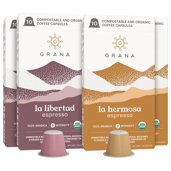 G GRANA Coffee Pods, Compatible with Nespresso OriginalLine, 40 Count, Dark and Medium-Dark Roast, USDA Organic 100% Arabica Single Source Specialty Coffee, Compostable Single Serve Capsules