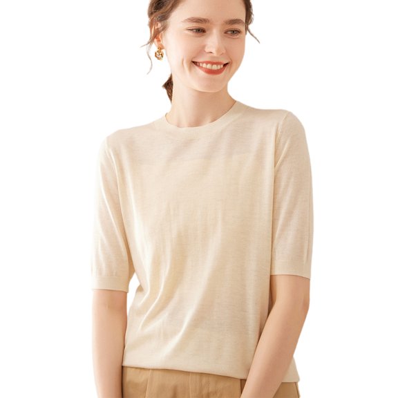 G Guzemor 2025 Women’s Silk Cashmere Blend Short Sleeve T-Shirt Sweater Top Crew Neck Knitted Pullover Summer Lightweight Tee