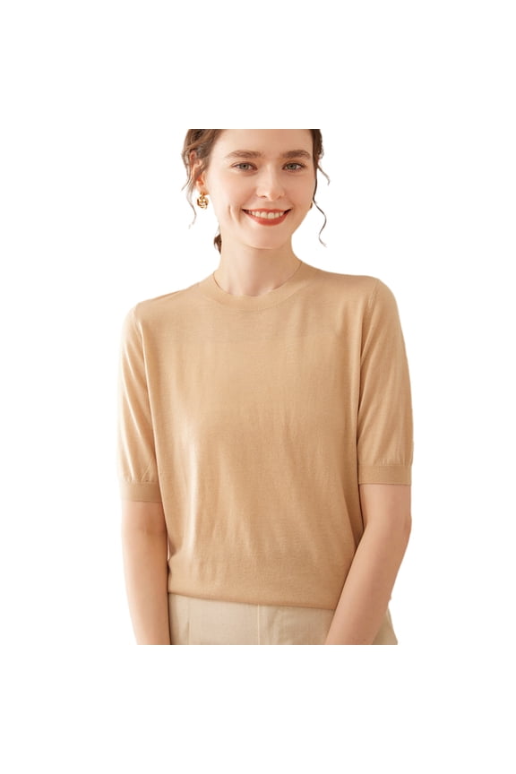 G Guzemor 2025 Women’s Silk Cashmere Blend Short Sleeve T-Shirt Sweater Top Crew Neck Knitted Pullover Summer Lightweight Tee