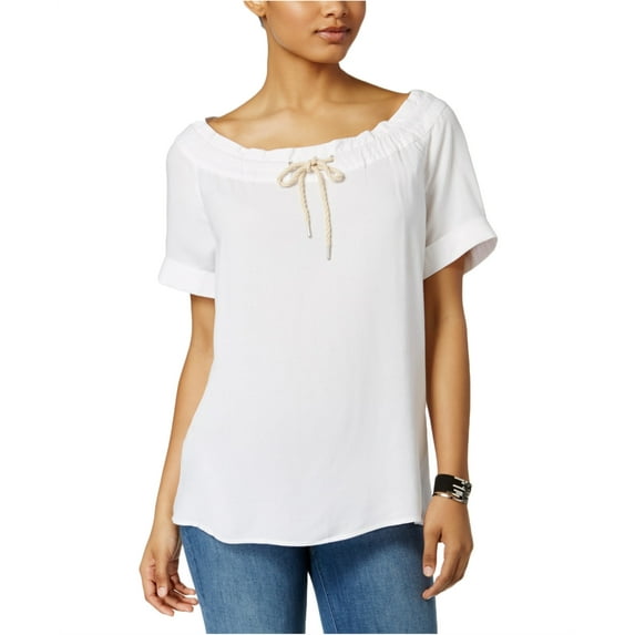 G.H. Bass & Co. Womens Drawstring-Neck Pullover Blouse, White, X-Small
