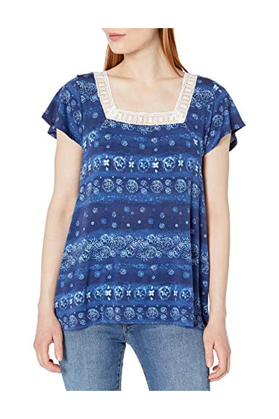 & Co. Womens Juniors Crochet Trim Short Sleeves Casual Top Navy Water Combo M