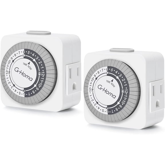 G-Homa Timers for Electrical Outlets, 24 Hour Indoor Plug-in Meanical Timer Mini, 30 Minute Intervals, 3-Prong, Daily On/Off Cy, for Lights, Lamps (2-Pack,ETL Lted) White