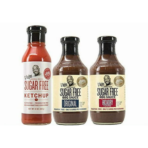 G Hughes Sugar Free, BBQ Sauces & Ketchup Bundle - Original Sugar Free BBQ Sauce - 18 Oz, Hickory BBQ Suace - 18 Oz, Sugar Free Ketchup - 13 Oz, Keto Ketchup, Low Calorie Barbecue Sauce (3 Pack)
