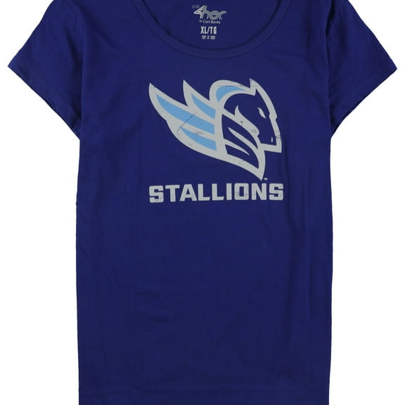 G-III Sports Womens Distressed Stallions Logo Graphic T-Shirt, Blue, X-Large