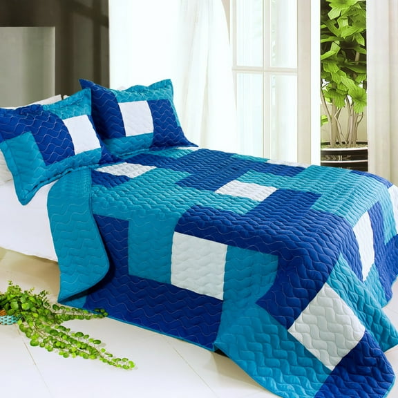 G&J Aegean Diving 3PC Vermicelli-Quilted Blocks Cotton Quilt Set Full/Queen Size White Blue Color