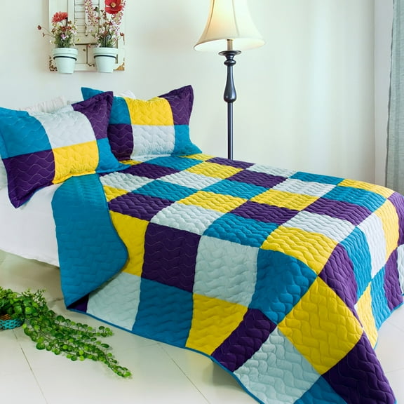 G&J Beach Surfing 3PC Cotton Quilts Square Quilt Set Full/Queen Size Purple Turquoise Color
