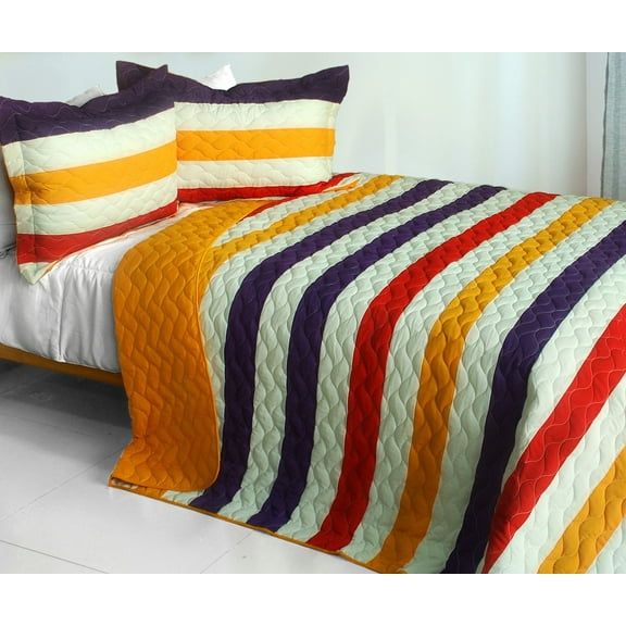 G&J Edge Day 3PCs Striped Pattern Quilt Set Full/Queen Size Orange Color