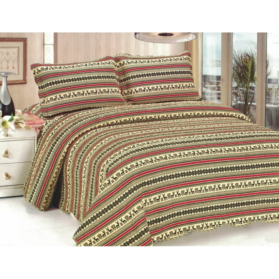 G&J Embassador Reindeer 100% Cotton 3PC Striped Pattern Quilt Set Full/Queen Size Beige Color