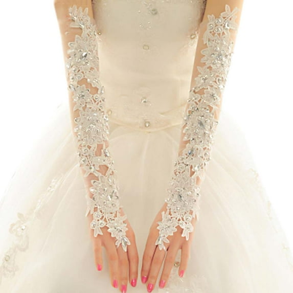 G&J Fashion Elegant Rhinestone Lace Bridal Long Gloves for Wedding Party White Color