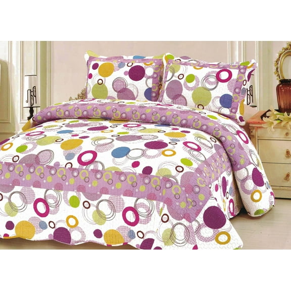 G&J Petal Rain Cotton 3PC Circle Quilt Set Full/Queen Size Fuchsia Color