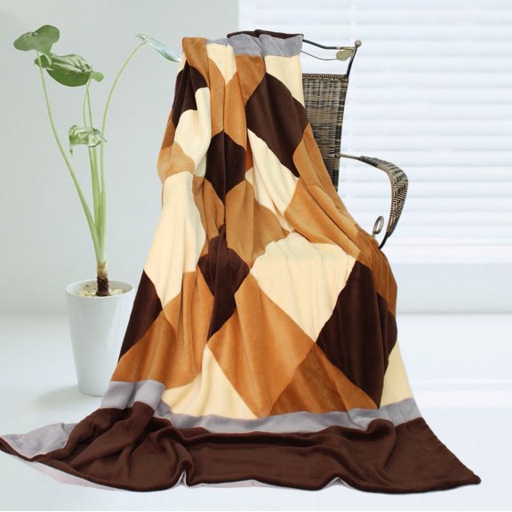 G&J Solid Space 59" X 78.7" Soft Coral Fleece Patchwork Blanket Striped Throw Blanket Brown Caramel Color