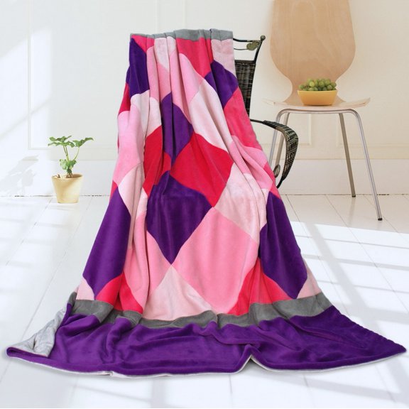 G&J Solid Space 59" X 78.7" Soft Coral Fleece Patchwork Blanket Striped Throw Blanket Purple Pink Color