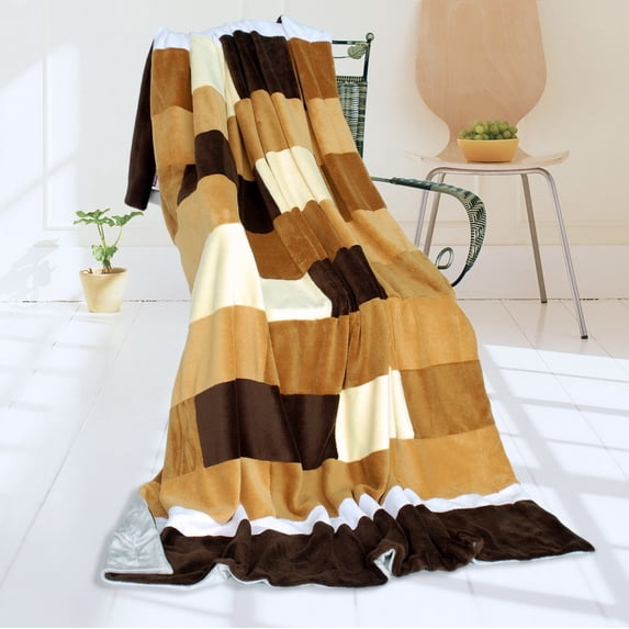 G&J Stack UP 59" X 78.7" Soft Coral Fleece Patchwork Blanket Striped Throw Blanket Brown Caramel Color