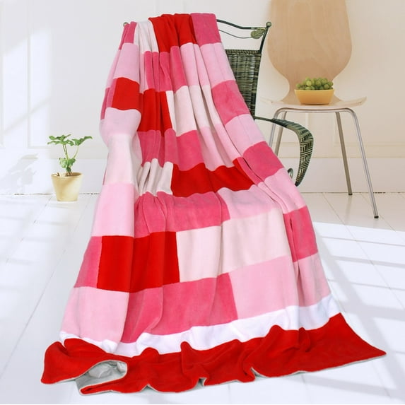 G&J Stack UP 59" X 78.7" Soft Coral Fleece Patchwork Blanket Striped Throw Blanket Red Pink Color