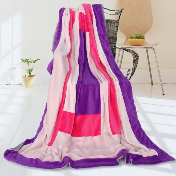 G&J Warm Hug 59" X 78.7" Soft Coral Fleece Patchwork Blanket Striped Throw Blanket Purple Pink Color