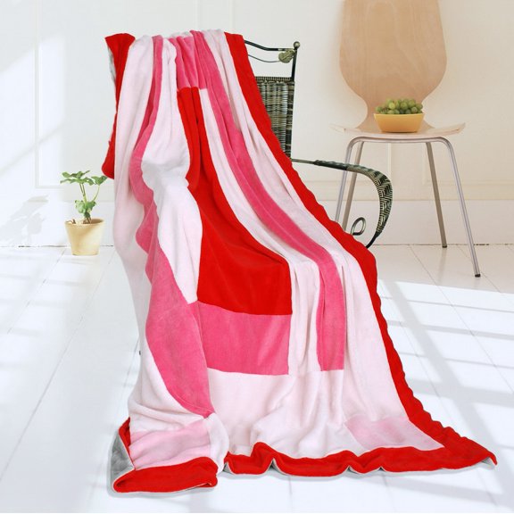G&J Warm Hug 59" X 78.7" Soft Coral Fleece Patchwork Blanket Striped Throw Blanket Red Pink Color