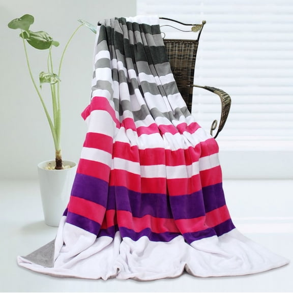 G&J Wide Road 59" X 78.7" Soft Coral Fleece Patchwork Blanket Striped Throw Blanket Fuchsia Purple Black Grey Color
