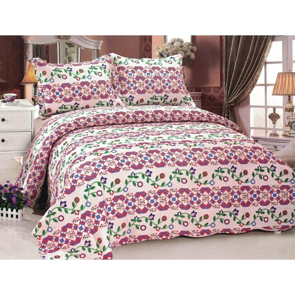 G&J Winter Bell Vines Cotton 3PC Check Quilt Set Full/Queen Size Pink Color