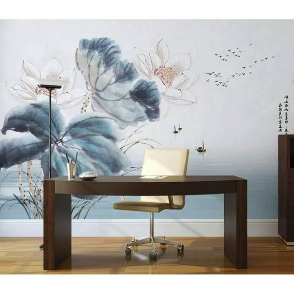 GK Wall Design Watercolor Vintage Lotus Flower Blossom Removable Wallpaper H:35" x W:55"