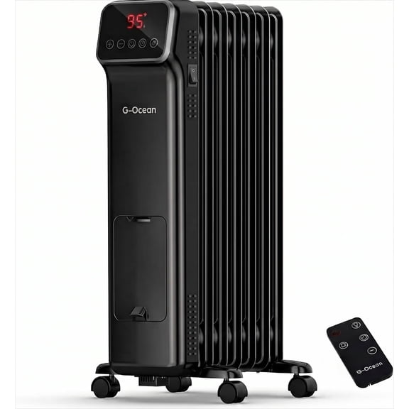 G-Ocean 1500W Oil Filled Radiator Heater for Large Room, Quiet Electric Heater with Remote, Digital Thermostat, 3 Heat Modes, 24H Timer, Overheat & Tip-Over Protection