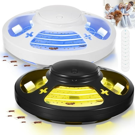 JahyShow 2 Pack Flea Traps for Inside Your Home Mosquito Trap Gnat Traps for House Indoor Bug Catcher with 10 Flying Insect Trap Refill & 4 LED Light Modes Attractant Catcher for Home Office(Black)