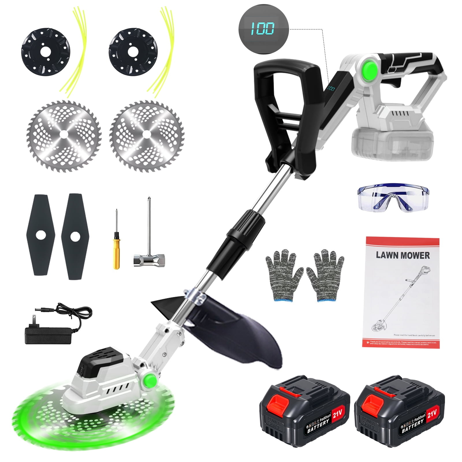 G · PEH 21V Cordless Brushless Weed Wacker - 9" Electric String Trimmer with 2 Batteries & 5 Cutting Blades