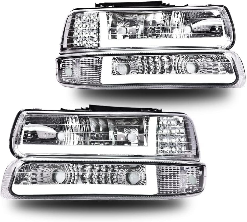 Phares Avant LED Pour Chevrolet Silverado 1999-2002 - Style Fumé Avec Barre LED, Montage Direct, Kit Complet