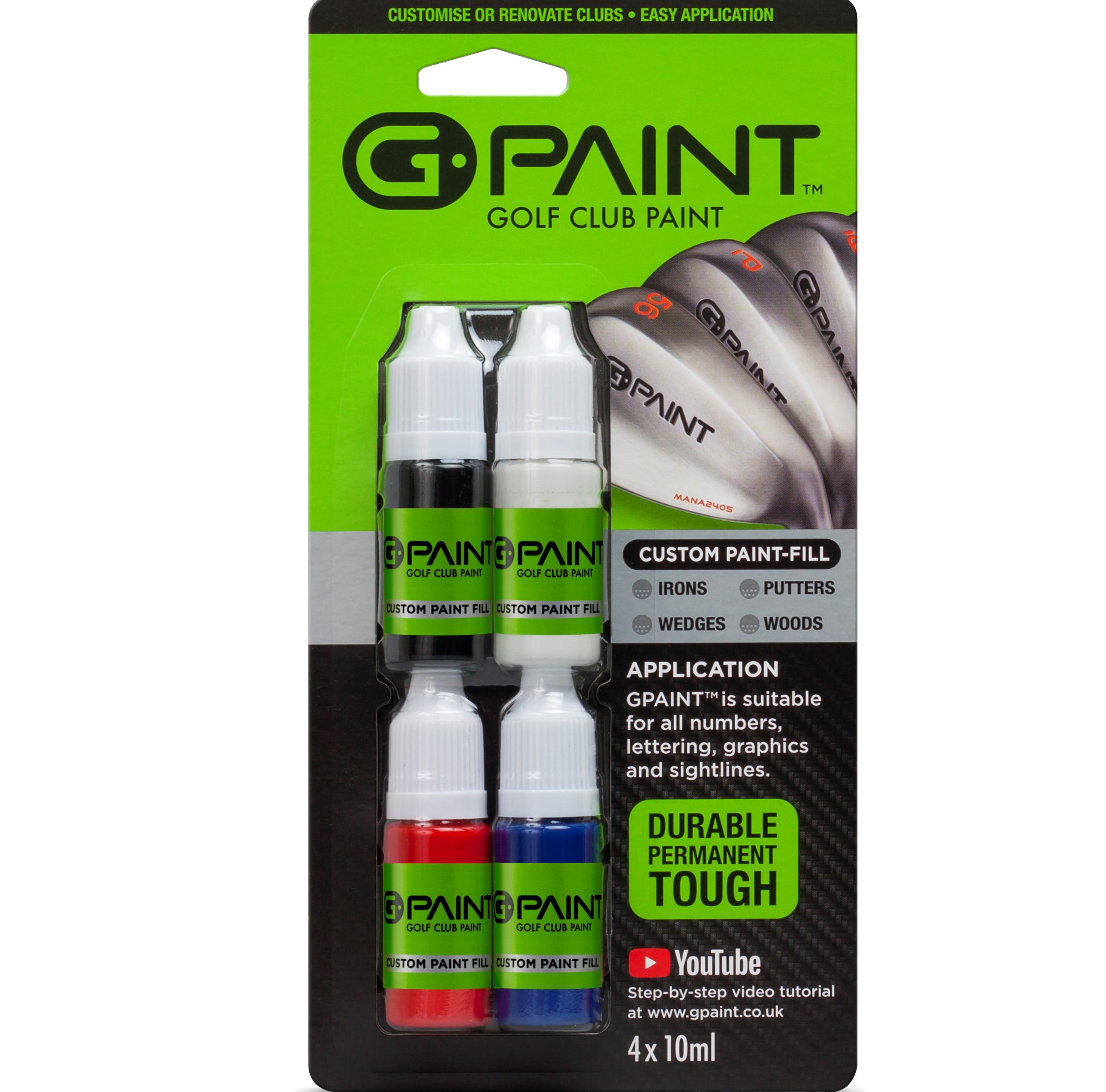 G-Paint Golf Club Paint - Touch Up, Fill In, Customize or Renovate Your  Clubs - 4 Pack of 10ml Bottles. Black, White, Red & Blue 