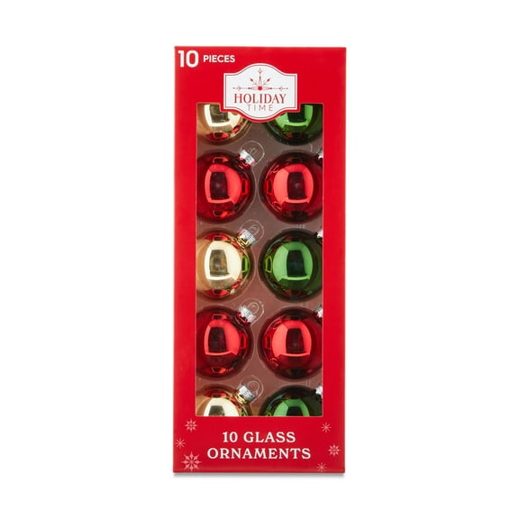 Red, Green and Gold Glass Christmas Ornaments, 10 Count, by Holiday Time