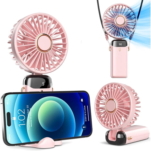 G.S 6000mah Portable Handheld, Battery Operated with Base, 8 Hours, Digital Display, 5 Speeds, 90° Ajustable, Rechargeable Mini for Outdoor Indoor Pink