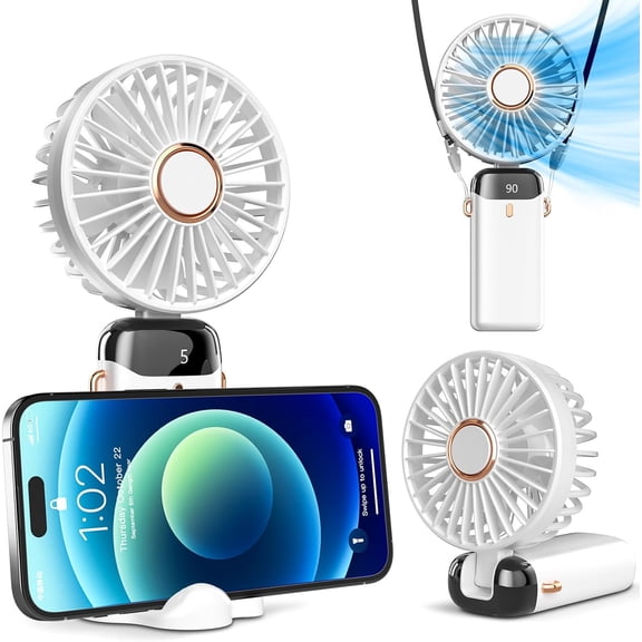 G.S Portable Handheld, Battery Operated with Base, 8 Hours, Digital Display, 5 Speeds, 90° Ajustable, Rechargeable Mini for Outdoor Indoor White