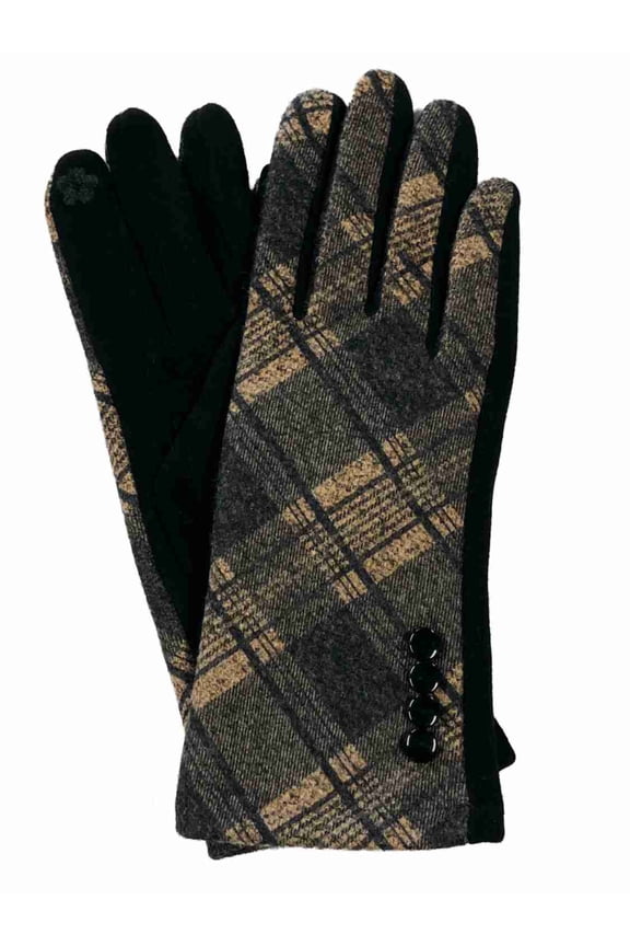 Womens Black & Brown Plaid Stretch Fit Button Texting & Tech Smart Gloves