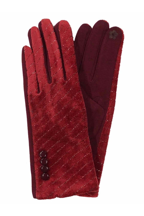 Womens Metallic Red Velvet Stretch Fit Button Texting & Tech Smart Gloves