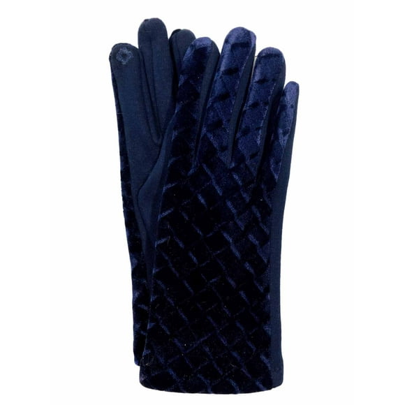 G&S Womens Navy Blue Scallop Velvet Stretch Fit Button Text & Tech Smart Gloves
