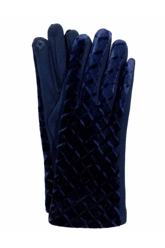 Womens Navy Blue Scallop Velvet Stretch Fit Button Text & Tech Smart Gloves