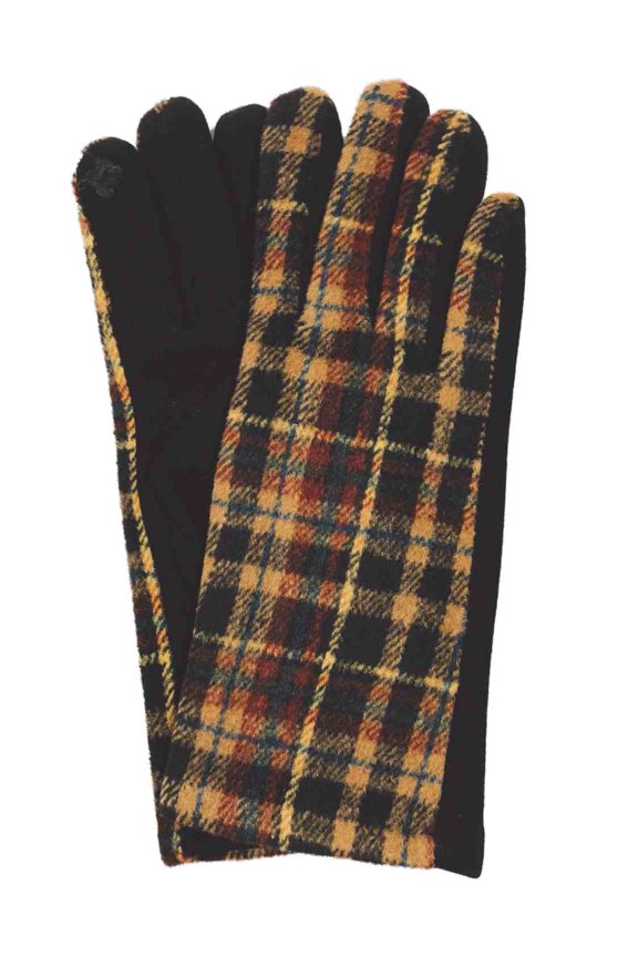Womens Tan Red & Black Plaid Stretch Fit Texting & Tech Smart Gloves