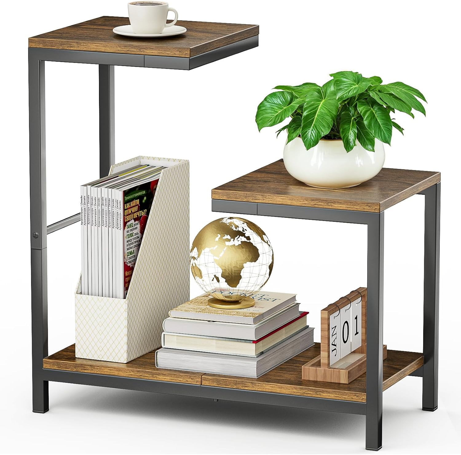 Rustic Brown and Black G-Shaped 3-Tier End Table