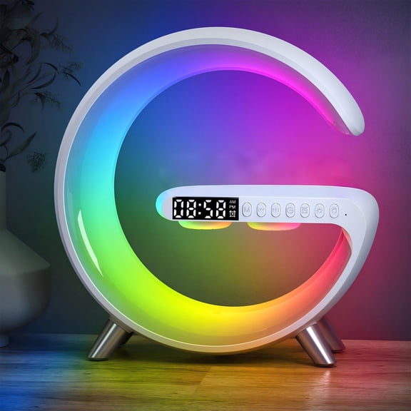 G-Shaped Smart LED Bedside Lamp with Bluetooth Speaker, 15W Wireless Charger & Sunrise Alarm Clock, RGB Ambient Desk Night Light, Sound Machine for Bedroom